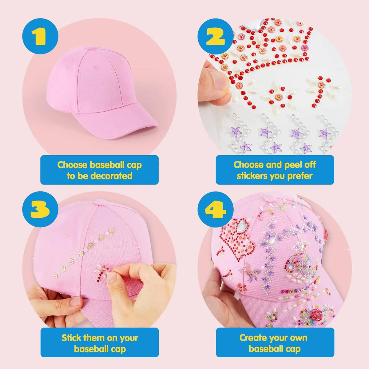 JOYFY DecorateYour Own Baseball Cap with 7 Sheets Gems Stickers Art & Crafts Kit Fun Creative DIY Toys for Kids Girls