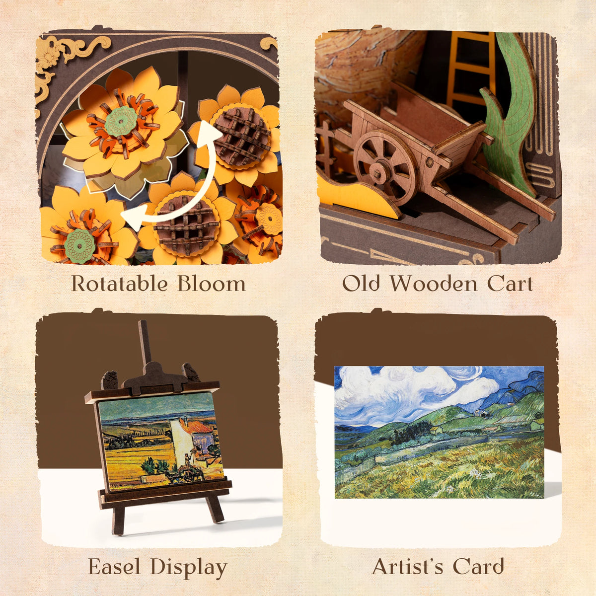 ROKR Wooden Flower Golden Sunflower Building Sets for Adult with Lights TH002, Van Gogh Wall Art Crafts, Painting Frame Room Decor, Valentine's Day/Anniversary/Birthday Gifts for Women, 266PCS