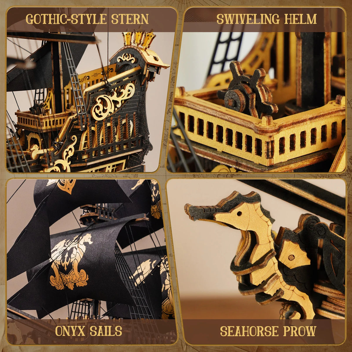 ROKR Seahorse Barque Wooden 3D Puzzle 1:100 Scale DIY Sailboat Model Building Kit 603 Pieces Brain Teasers Jigsaw Toy for Adults Boys