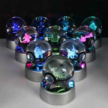 Pokemon 3D Crystal Ball Pikachu Gengar Eevee Mewtwo Anime Game Pokeball Led Night Light Base Kids Birthday Gift Home Decoration