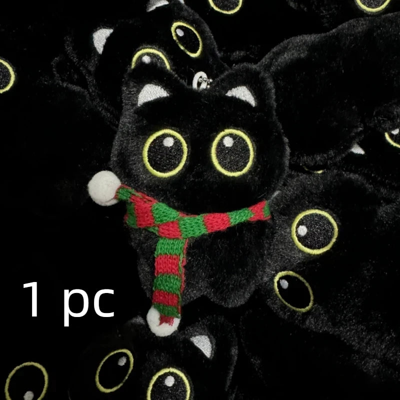 New Kawaii Big Eyes Cat Plush Doll With Scarf Black Cat Keychain Bag Pendant Cartoon Kitten Ornament Holiday Gift For Dear