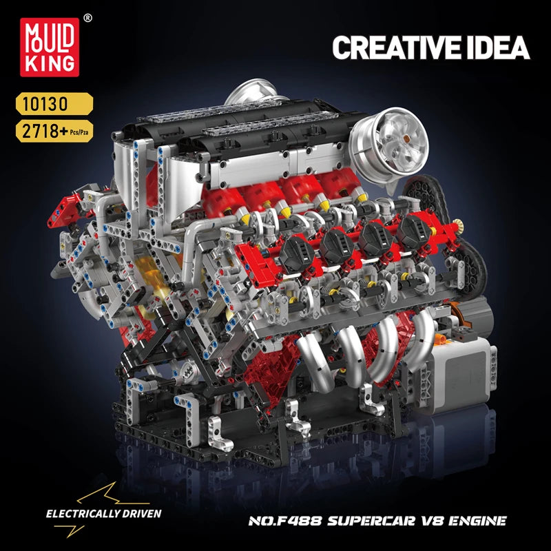 Mould King 10130 The F488 Supercar V8 Engine Building Block Technical Car Brick Set Assembly Car Engine Toys Kids Christmas Gift