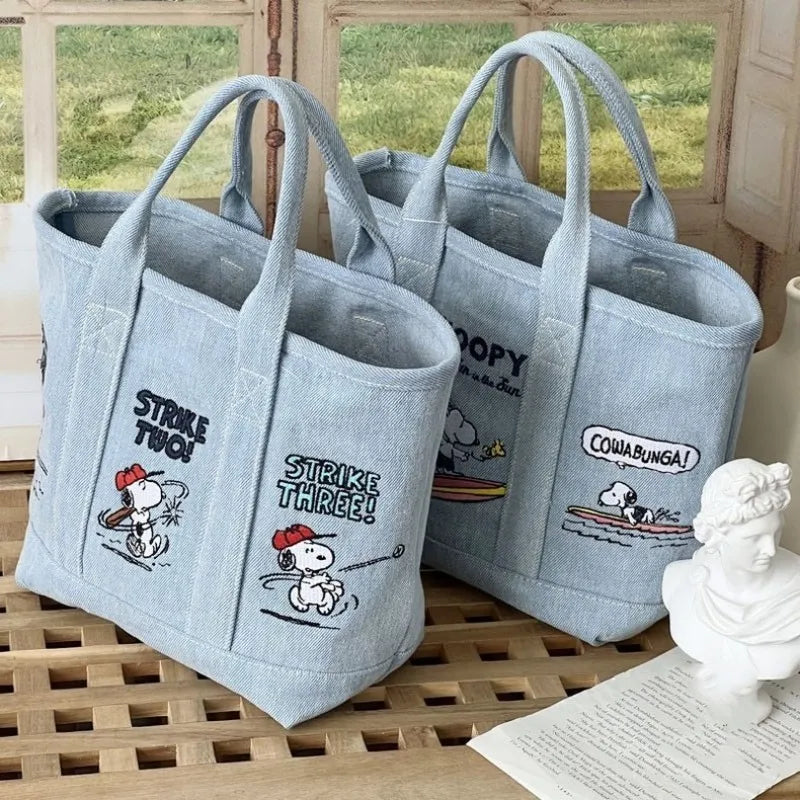 Snoopy Embroidered Canvas Tote Bag Japanese Style Cute Casual Handbag for Women Lunch Bag Office Work Commuting