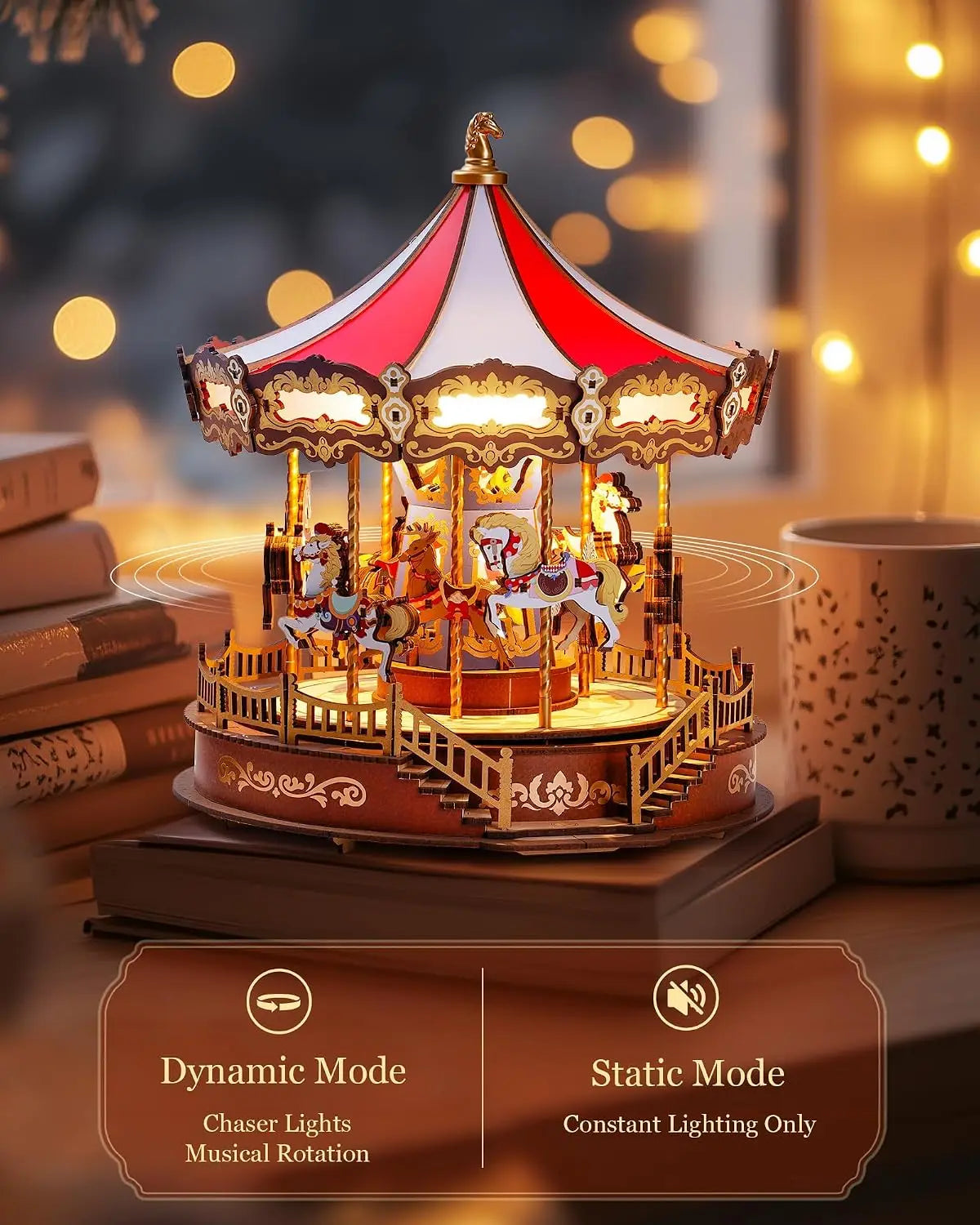 Rolife DIY Music Box Mechanical Model Building Kit Classic Carousel 3D Puzzle Toy Craft Kit with LED Light for Home Decor Gift for Adults Friends
