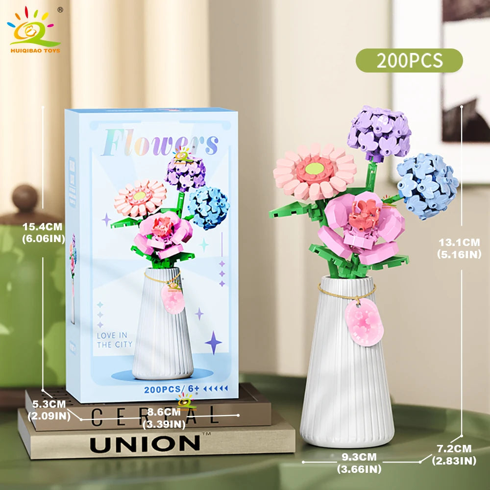 HUIQIBAO MOC Eternal Flower Bouquet with pot Micro Building Block Sunflower Rose Mini Model Brick Toy home Desk Decoration