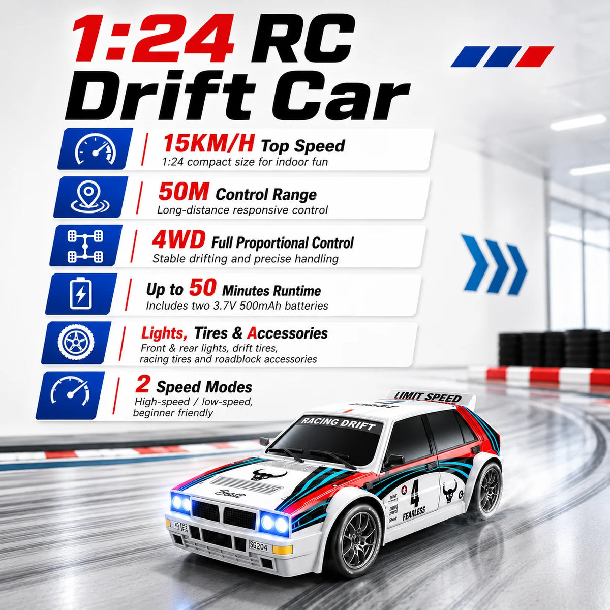 ZNLYRION RC Drifting Race Car 1:24 Scale 4 Wheel Drive 20km/h Adjustable High/Low Speed With Spare Drift Tires LED Headlight Taillight RC Toy For Boys Adult