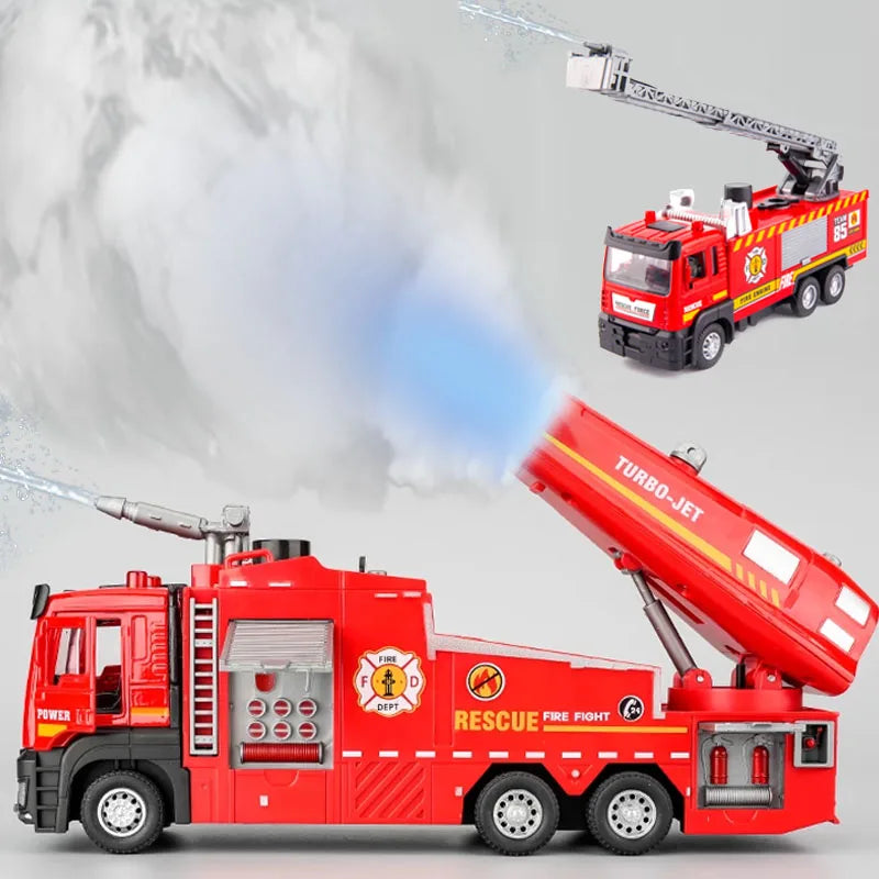 1:32 Spray Fire Truck Model Water Spray Ladder Trucks Toy Car Sound Light Pull Back Doors Opened Vehicle Collection Boys Gift