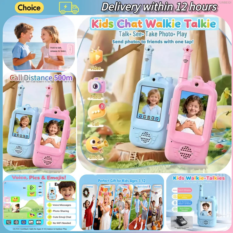 2PC Children's Video Walkie-talkie HD Walkie-talkie USB Charging Indoor Outdoor Entertainment Kids Toys Birthday Gifts Ages 3-12