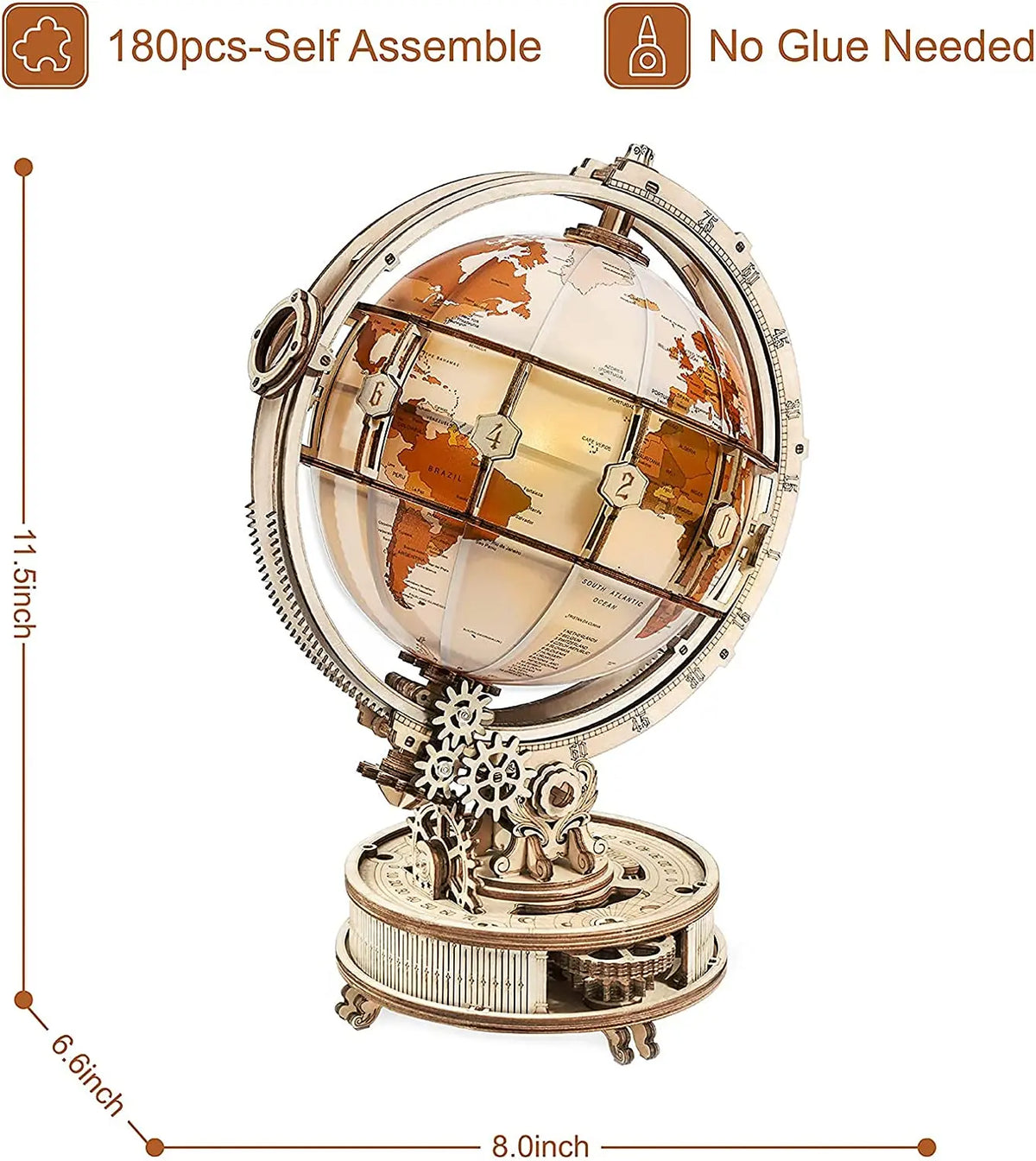 ROKR Wooden 3D Puzzle Toys - Luminous Globe Mechanical Model Building Kit Glow-in-the-Dark Globe 3D Puzzle Set Educational Toy Gift for Teens Adults