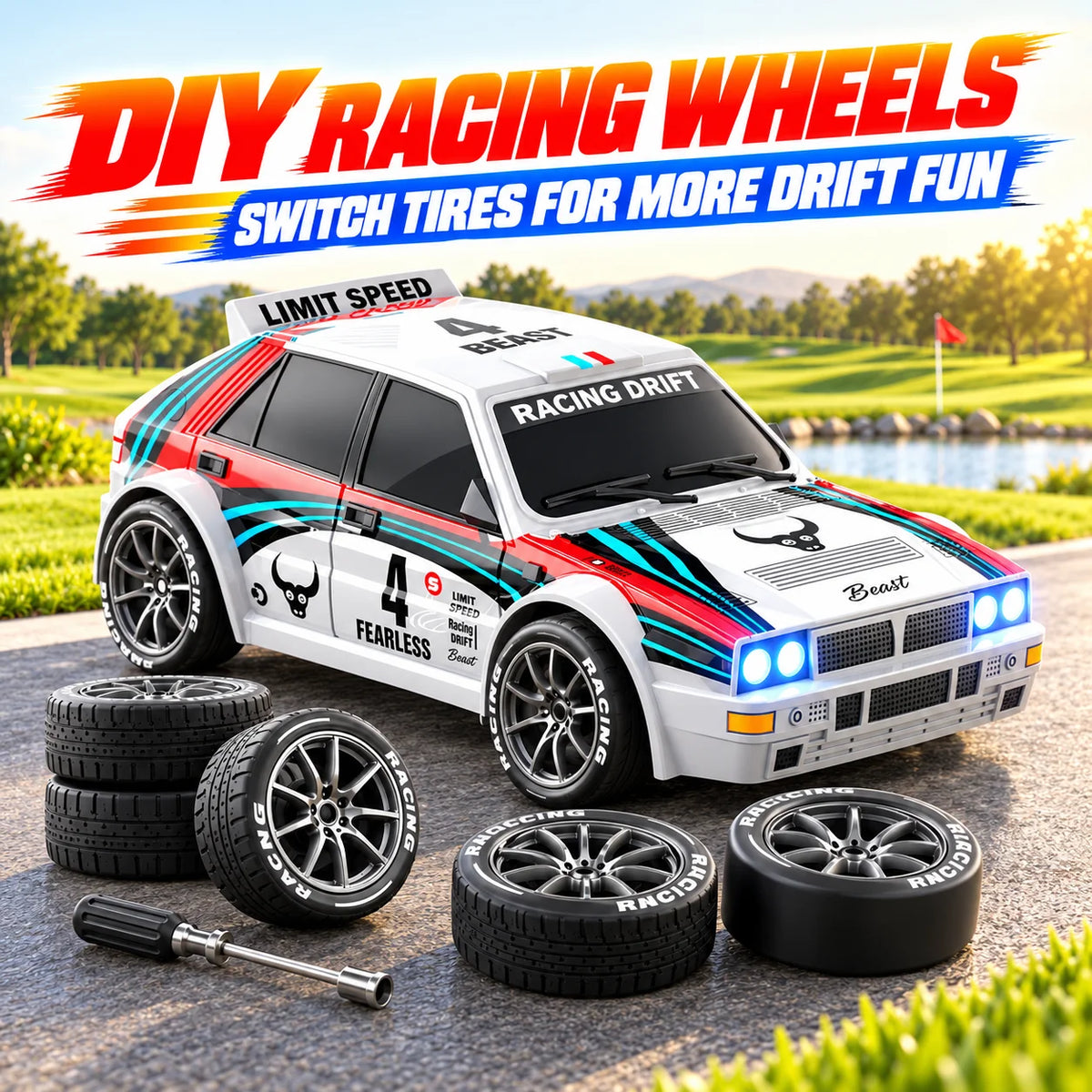 ZNLYRION RC Car Drifting Race Car 1:24 Scale 4 Wheel Drive 20km/h Adjustable High/Low Speed With Spare Drift Tires LED Headlight Taillight RC Toy For Boys Adult