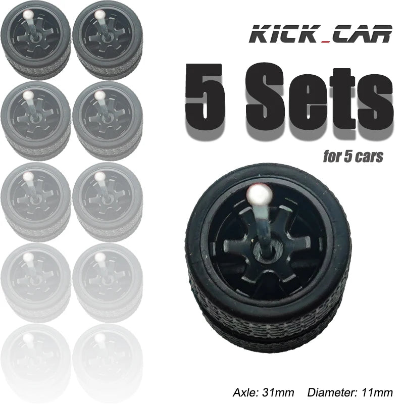 1/64 Wheels with Fixed Black Rubber Tires Six Spoke for Toy Model Diecast Cars Refitting Parts for MINIGT (5 Sets for 5 Cars)