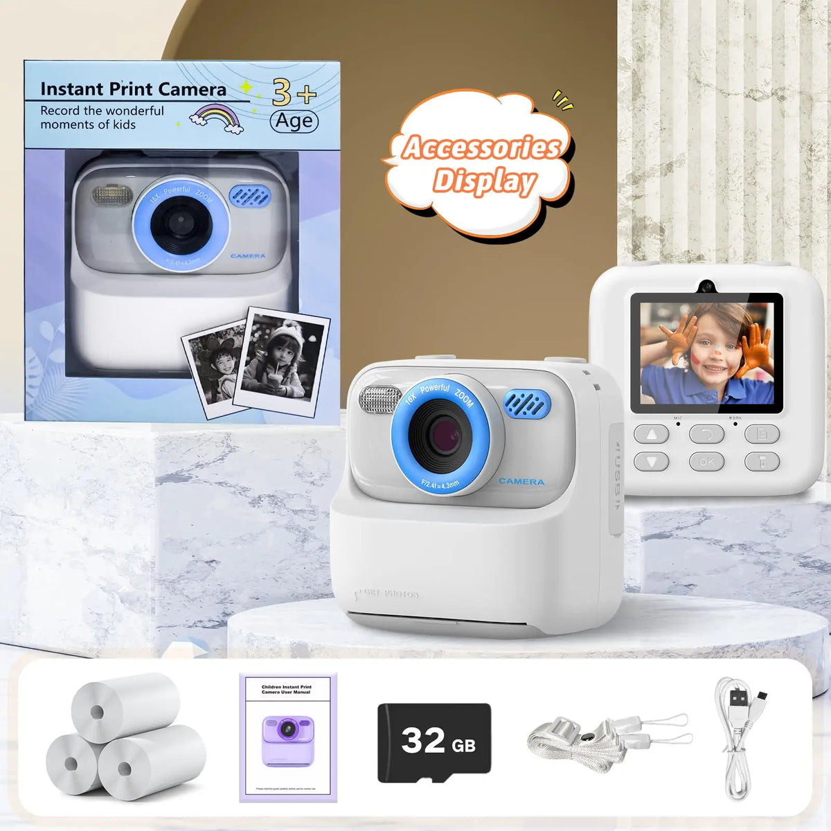 Kids Digital Camera 1080P Vedio Thermal Instant Print Camera With 32G For Girls Boys Age 3-12 Best Christmas Birthday Gifts