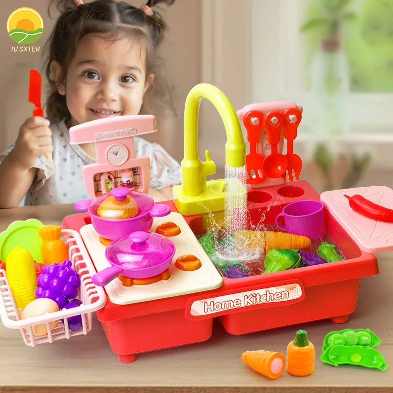 Children Toy Sink Electric Kid Dishwasher Water with Vegetable Fruit Food Cooking Pretend Play Toy Kitchen Role Play 3 Year Gift