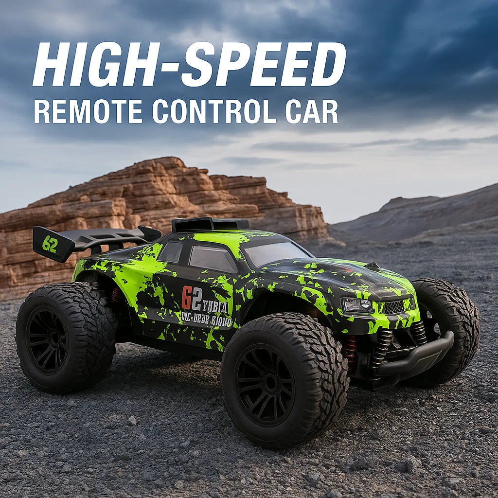 Hot RC High-Speed Off-Road Car for Kids & Adults - Alloy Green/Red, LED Headlights, Red Remote Control. Perfect for Indoor & Out