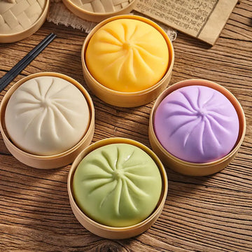 Colorful Dumpling Squishes Stress Balls Fidget Sensory Toys Simulation Food Squishies Bun with Steamer Squeeze Dough Ball Gifts