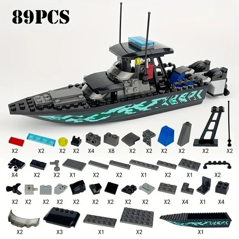 89pcs City Police Moc SWAT Black Camouflage Sea Speedboat Assault Boat Model, Small Puzzle Building Block Toy Accessories