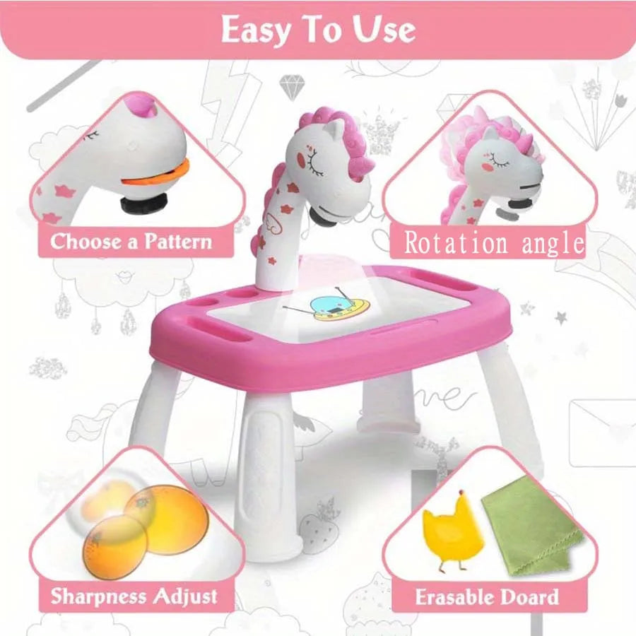 Children's Projection Painting Table, Pony Shape, Graffiti Drawing Board, Electric with Music, Wipeable Drawing Board, Baby Earl