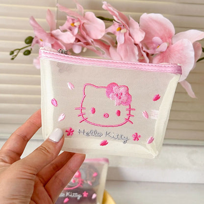 Hello Kitty Cartoon Peripheral Women's Makeup Storage Bag, Cute Hello Kitty Storage Bag with White Mesh and Pink Embroidery