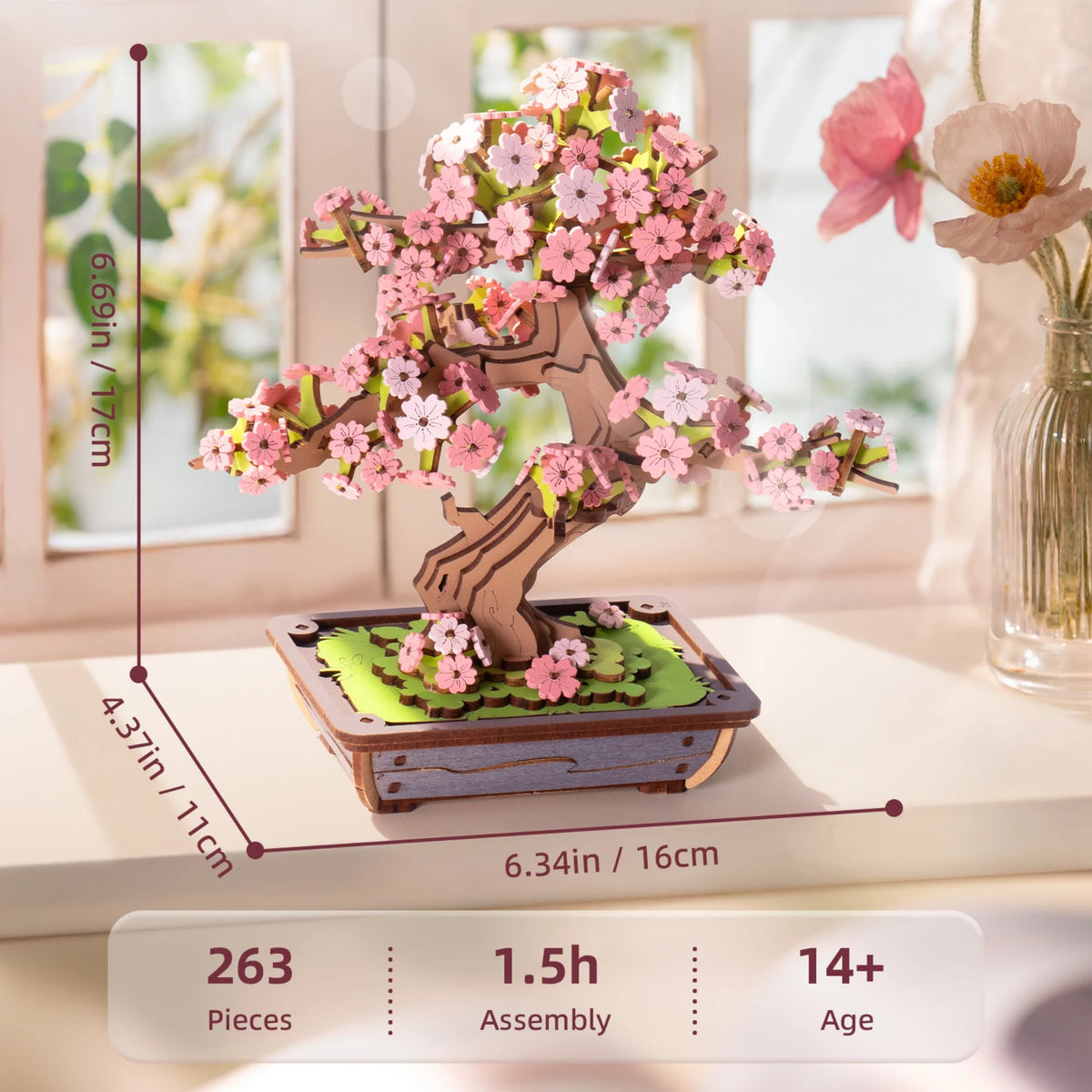 Rolife DIY Wooden 3D Puzzle Sakura Bonsai Model Building Kit for Home Decor Christmas Birthday Gifts for Adults Kids Friends