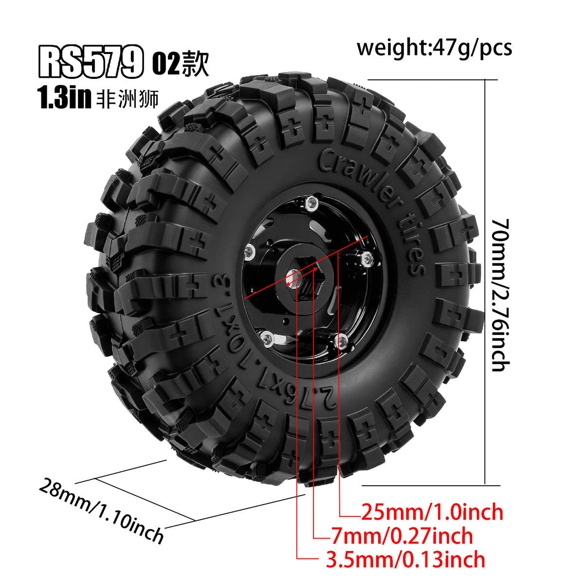 RED SPIDER 4Pcs 1.3 Inch 70mm RC Crawler Rubber Tires Metal Beadlock Wheel Rims Off‑Road Tyre Set for 1/18 1/24 RC Crawler Axial SCX24 FMS FCX24 RC Car Upgrade Spare Parts