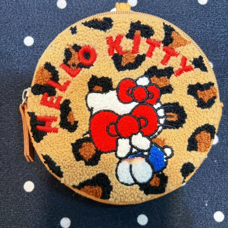 NEW Hello Kitty Leopard round Plush Storage Bag Black Leather Kitty cat Coin Wallet Makeup Travel Storage Large capacity BagGift