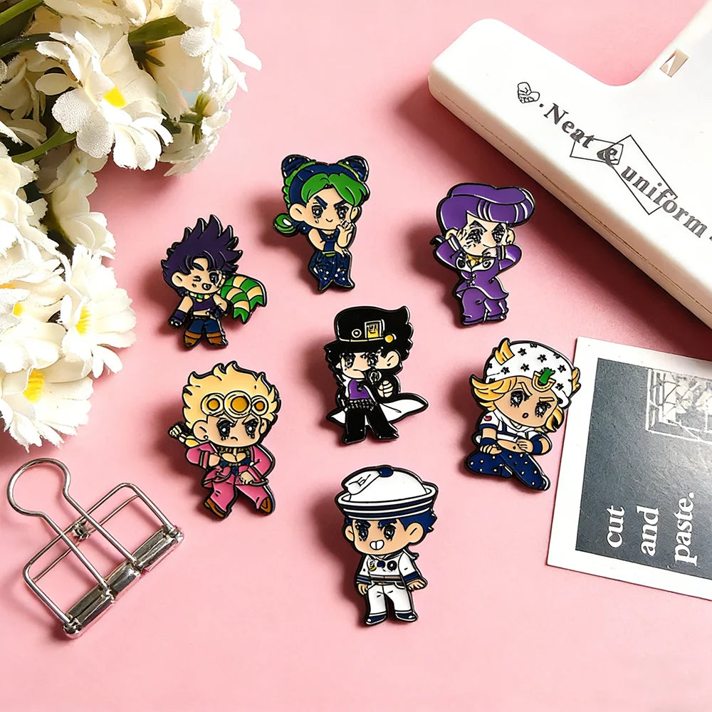 8Pcs Anime JoJo Enamel Pins Cute Chibi Hero Characters Jotaro Josuke Giorno Jolyne Lapel Pins Creative Brooch Badge Gift