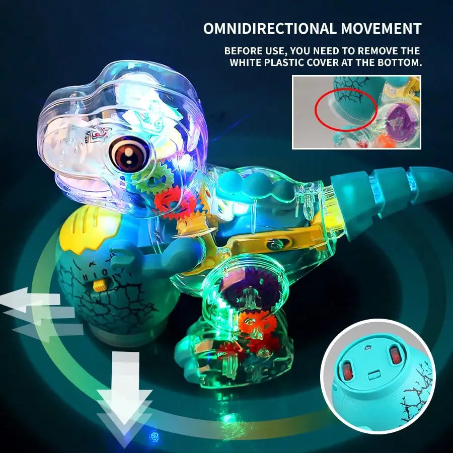 Electric Dinosaur Toy Car for Kids Robot Pet Universal Wheel Bump and Go Swing Toy Transparent Gear with Lights and Music