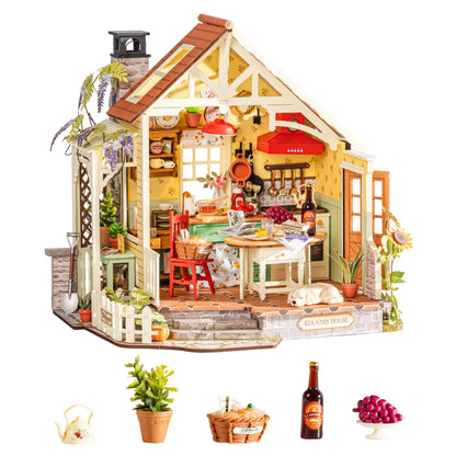Rolife DIY Miniature House Kit 438-piece Sunlit Farmhouse Kitchen Wooden Dollhouse 3D Puzzle Tiny House Model Building Kit with LED Light Home Decor Gift for Adults Kids