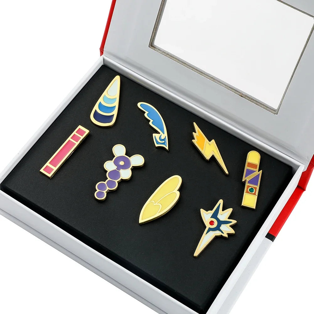 Pocket Monster Trainer Gym Badges Collection Kanto Johto Hoenn Unova Kalos Orange Islands Pins Brooches Toy for Collectors