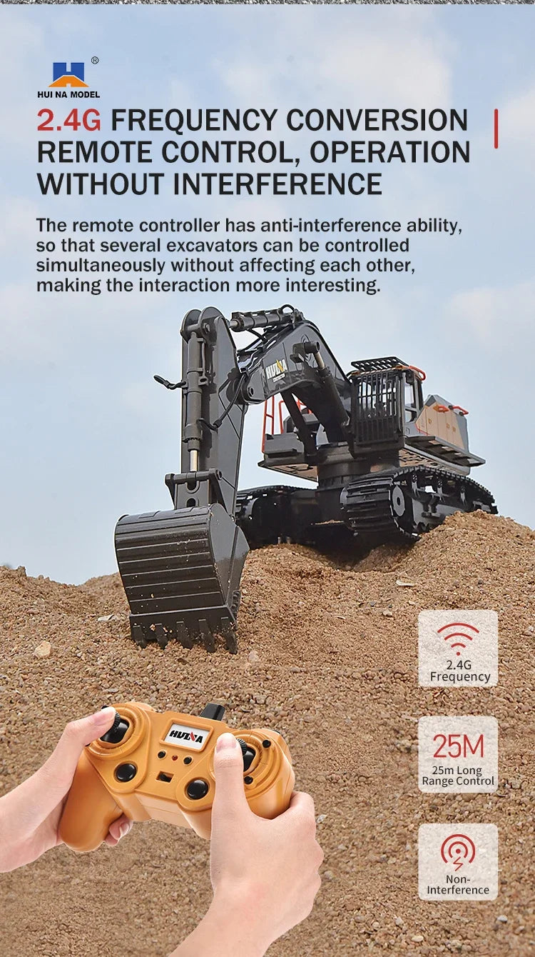 HUINA 1592 1:14 Scale RC Excavator 22 Channels 2.4G Semi-Alloy Remote Control Engineering Crawler Tractor Children's Gift