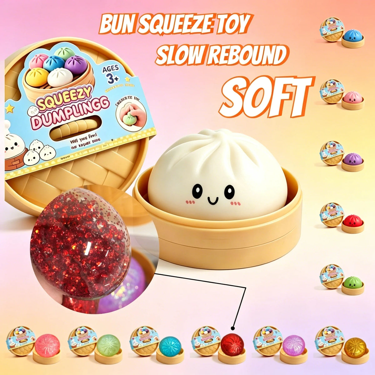 Colorful Dumpling Squishes Stress Balls Cha Siu Bao Slow Rebound Decompression Toys Feel Good Squishy Stress Relief Gifts 10cm