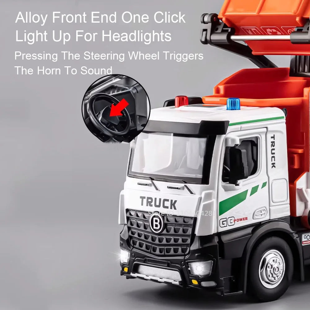 1:18 Electric Sanitation Garbage Truck Toy Cars Model Alloy Water Tanker Diecast Light Sound Vehicle Children's Educational Toys
