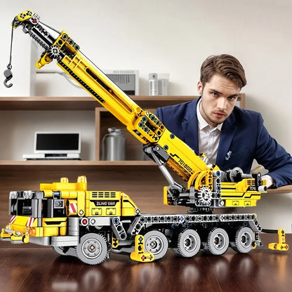 City Series Mechanical Crane Building Block Set, Yellow Engineering Crane Model, Movable, Rotatable, and Liftable, Suitable as a Birthday Gift for Collectors, Christmas or Halloween Gift