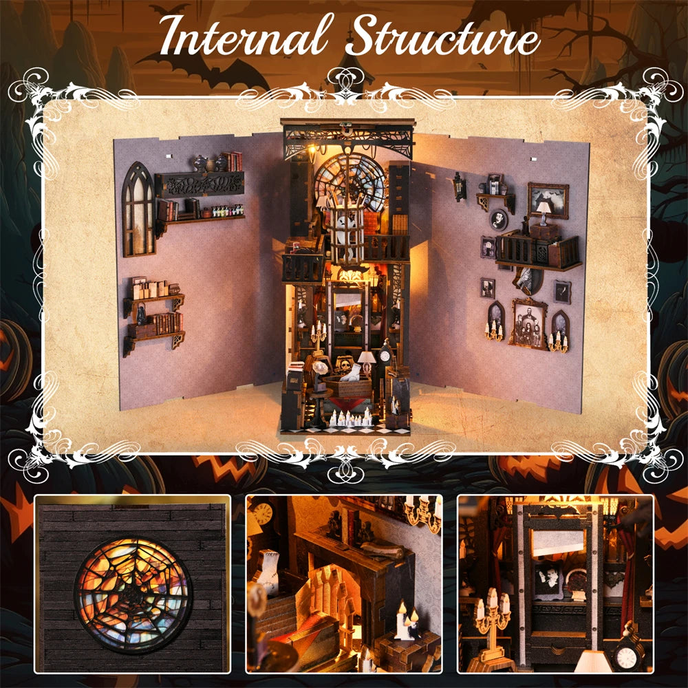 Book Nook Kit Dark Family DIY Wooden Puzzle Gothic Style Halloween Bookshelf Dollhouse Model Bookend Building Home Decoration