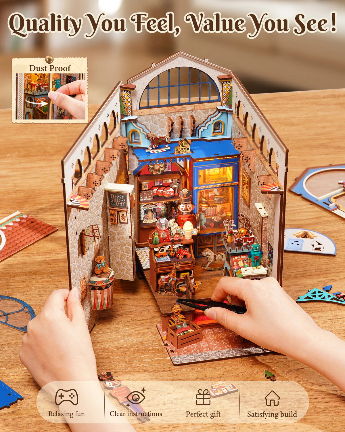 Rolife DIY Book Nook Kit 3D Puzzle Treasure Toy Shop Wooden Bookends Craft Kit with LED Light for Bookshelf Decor Brain Teasers Dollhouse Jigsaw for Holiday Gift