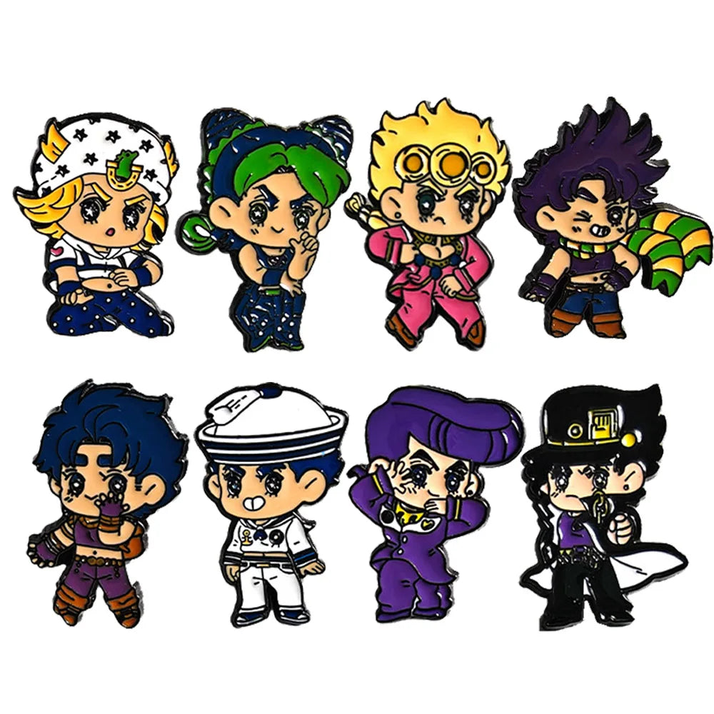 8Pcs Anime JoJo Enamel Pins Cute Chibi Hero Characters Jotaro Josuke Giorno Jolyne Lapel Pins Creative Brooch Badge Gift