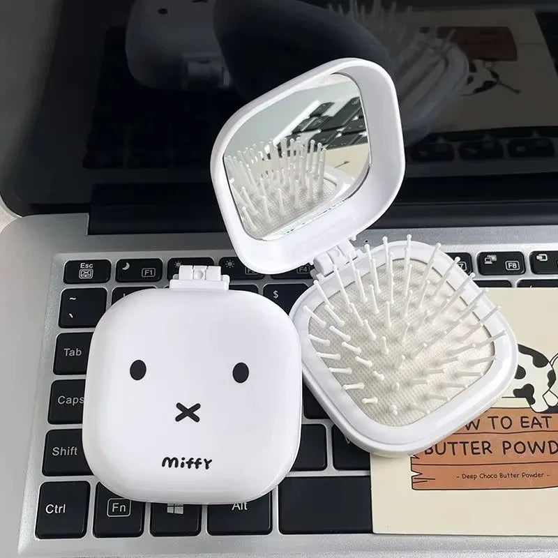 Cute Miffy Cartoon Rabbit Folding Air Cushion Comb With Mirror 2 in 1 Compact Pocket Comb Portable Student Travel Hair Tool Gift