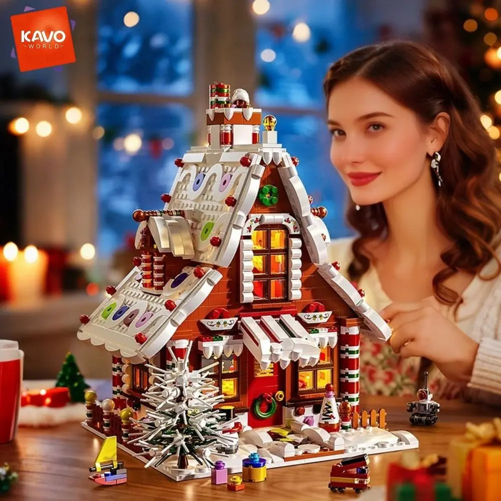 KAVOWORLD 1614PCS Christmas Gingerbread House Building Blocks Set with LED Lights Festive Winter Holiday Construction Toy Interior Architecture Model Kit Educational Construction Toy Family Activity Gift for Kids Home Decor f