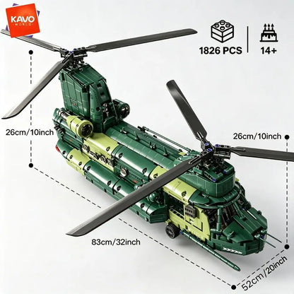 KAVOWORLD Tandem Rotor Helicopter Building Blocks 1826pcs Heavy Transport Army Aircraft Construction Bricks Model Chinook Chopper Building Kit Helicopter Toy Airplane Brick Set Rotating Propellers Cargo Ramp Rollable Wheels D