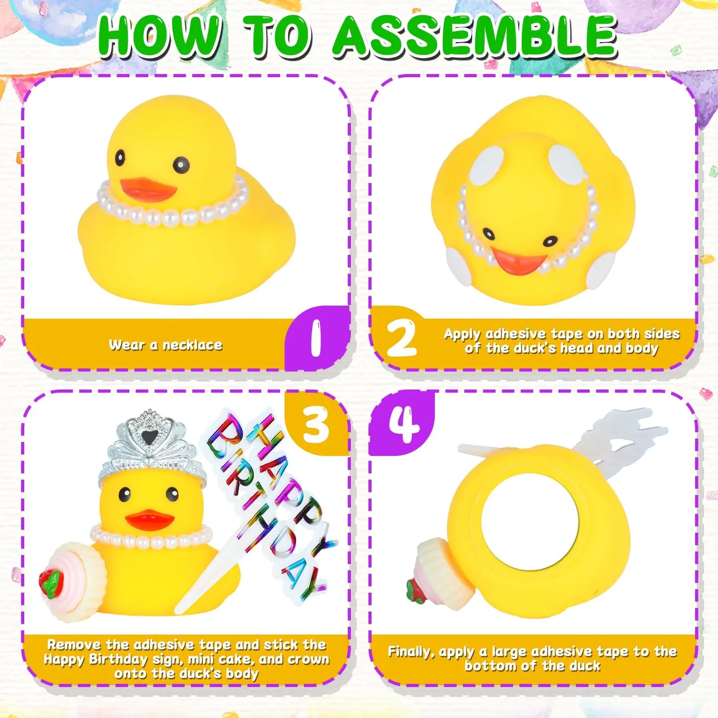 Rubber Ducks with Happy Birthday Sign Party Favors Duck with mini Cupcake Accessory, Pearl Necklace and Crown