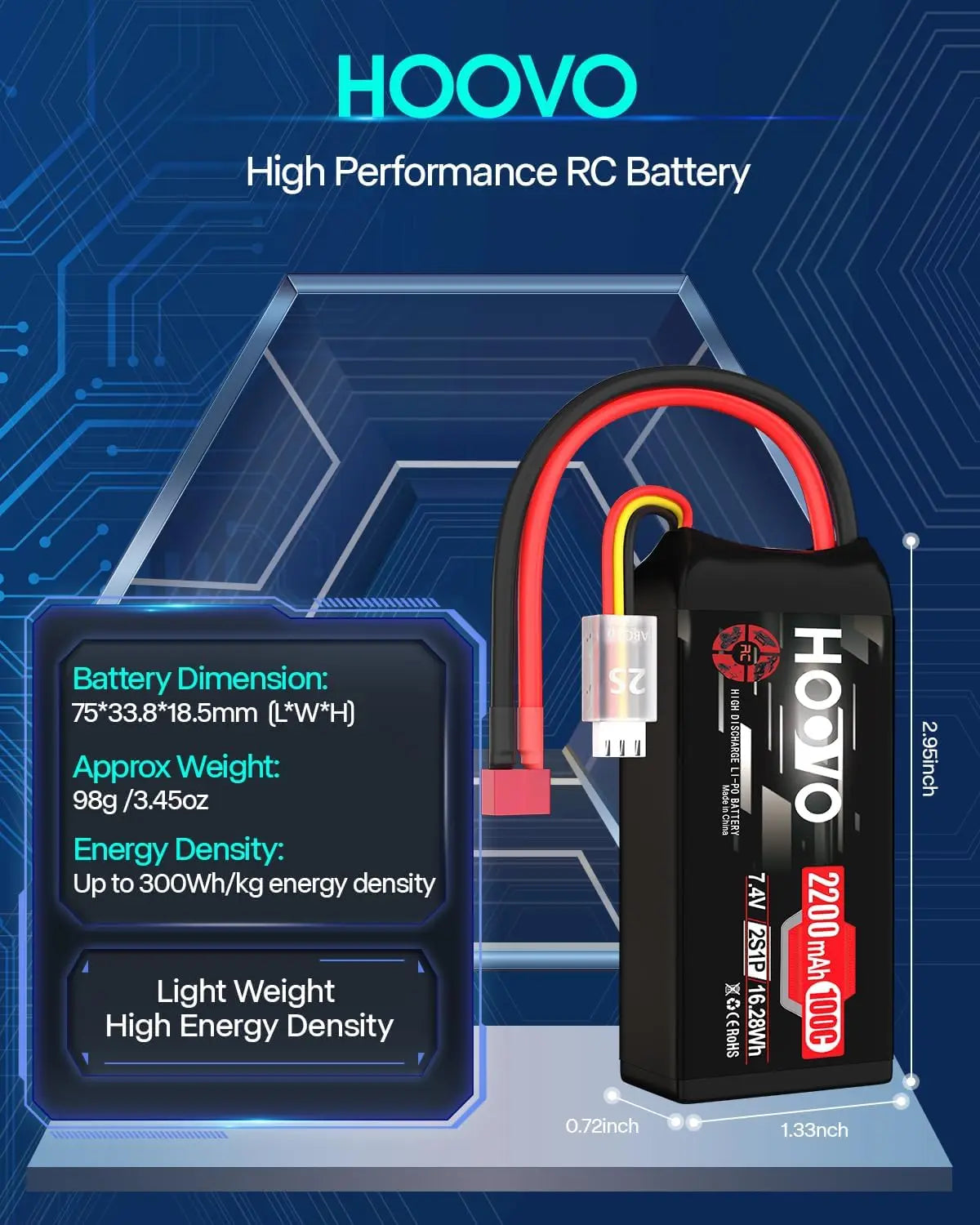 HOOVO 2S RC Battery 2200mAh 100C 7.4V Shorty RC Lipo Battery with T Connector for RC Airplane Quadcopter FPV Racing Drone Car