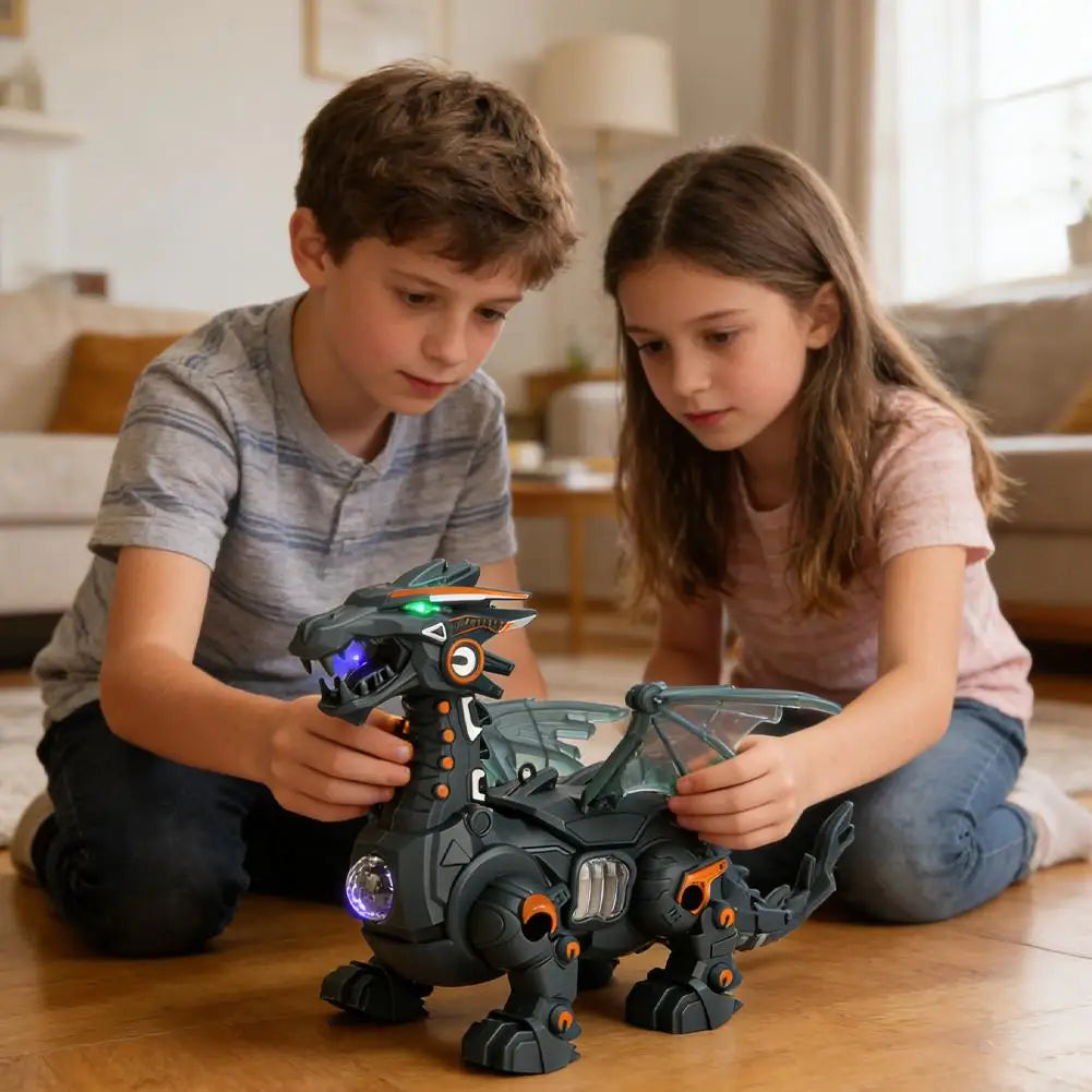 Kids Electric Walking Dragon Toy with Music & Light Interactive Mechanical Dinosaur Toy with Pull Rope Educational Gift for Boys