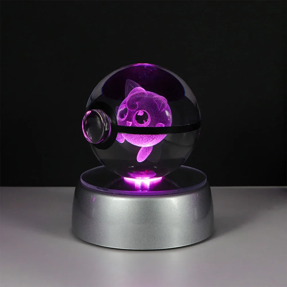 Pokemon 3D Crystal Ball Pikachu Gengar Eevee Mewtwo Anime Game Pokeball Led Night Light Base Kids Birthday Gift Home Decoration
