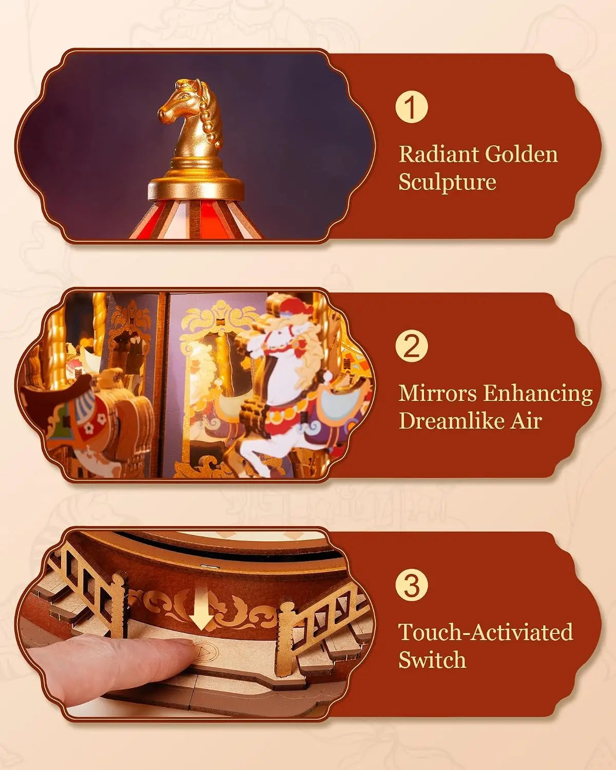 Rolife DIY Music Box Mechanical Model Building Kit Classic Carousel 3D Puzzle Toy Craft Kit with LED Light for Home Decor Gift for Adults Friends