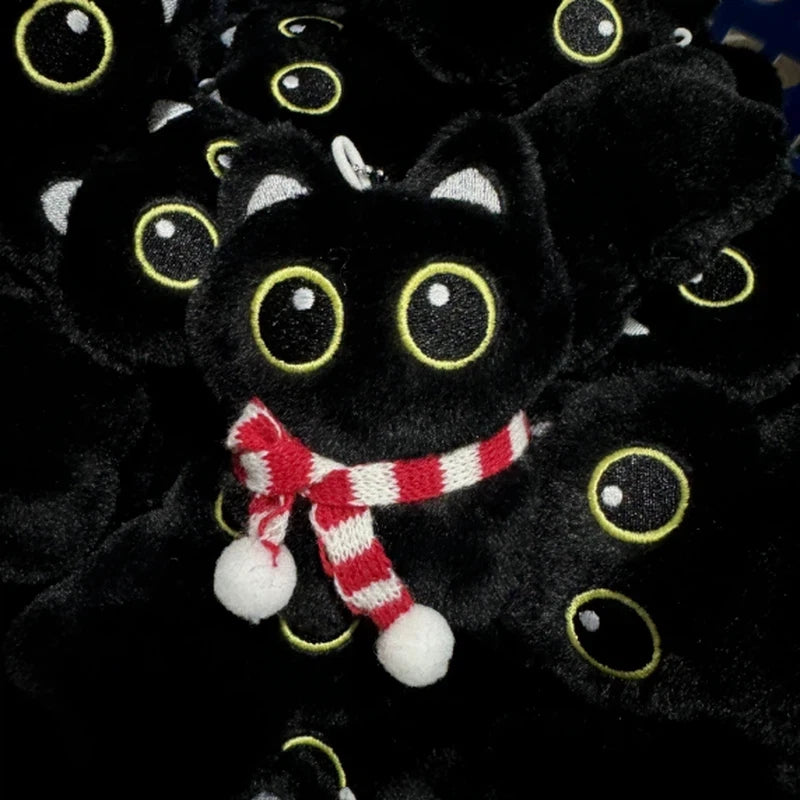 New Kawaii Big Eyes Cat Plush Doll With Scarf Black Cat Keychain Bag Pendant Cartoon Kitten Ornament Holiday Gift For Dear