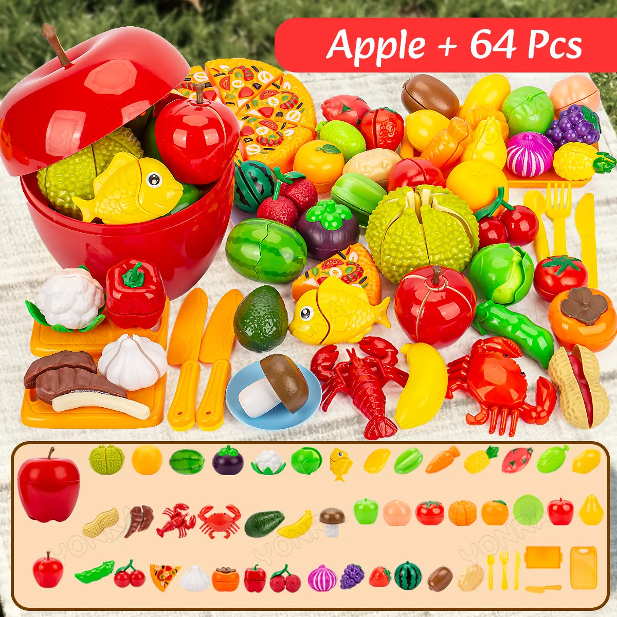 Cutting Play Food Toy for Kids Kitchen Pretend Fruit &Vegetables Accessories with Shopping Storage Basket Toy for Toddler Gift