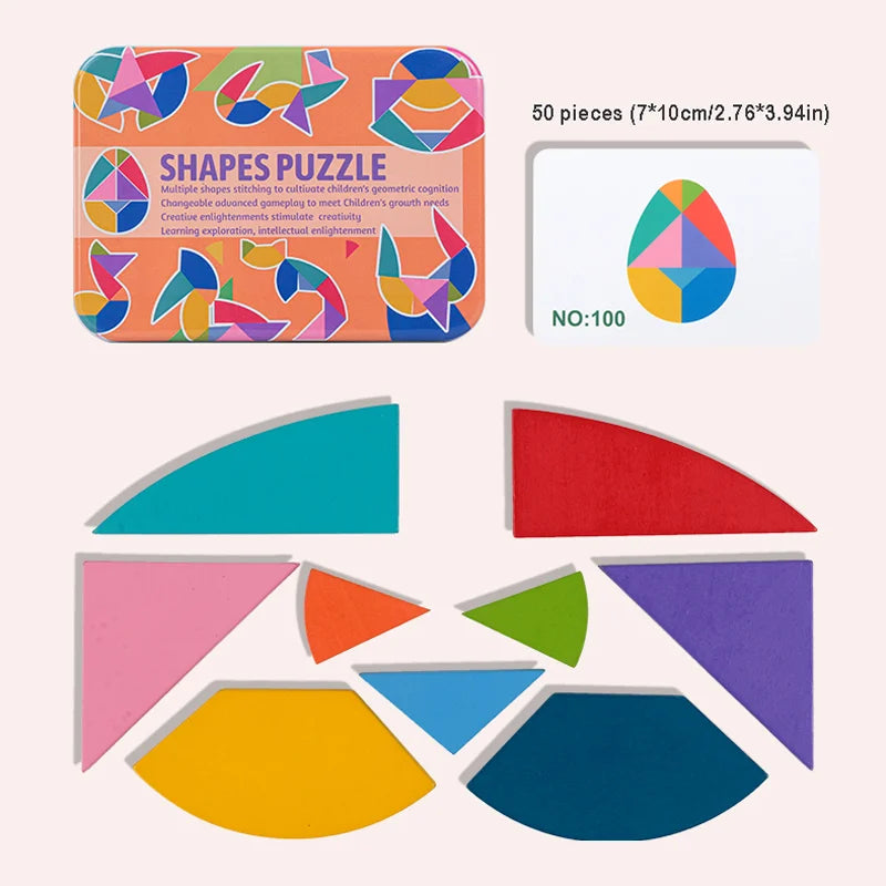 Creative colorful Iron Box Tangram, Children's Early Education, Heart / Egg-Shaped Nine Tangrams, Wooden DIY Large Puzzle Toy