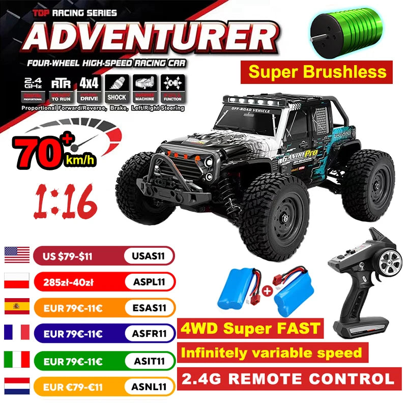 1:16 4WD RC High-speed Car Brushless 70km/h Competition Off-road Climbing Car 2.4G Remote Control Toy Car VS WLtoys 144001 Toys