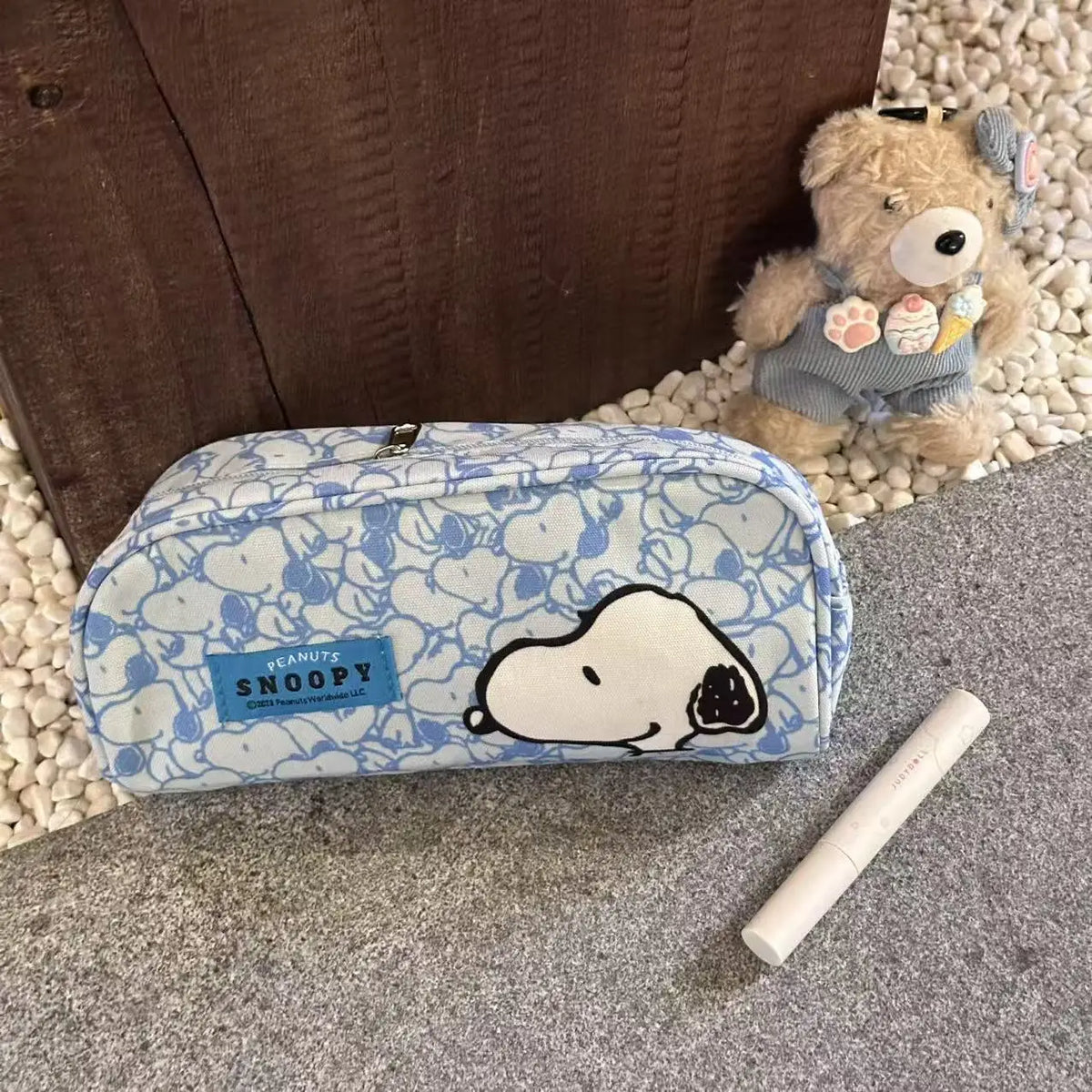 New Snoopy Pencil Case With Bone Pulling Makeup Bag Minimalist Blue Cartoon Travel Makeup Storage Bag Birthday Present
