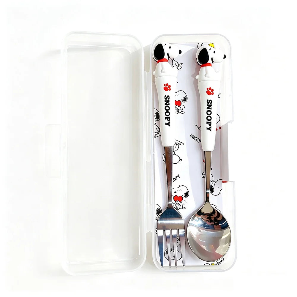 Kids Funny Fork Spoon Set Peanuts Snoopy ABS Handle Stainless Steel Tableware Set Fork Spoon With Box House Stuff Kids Gifts